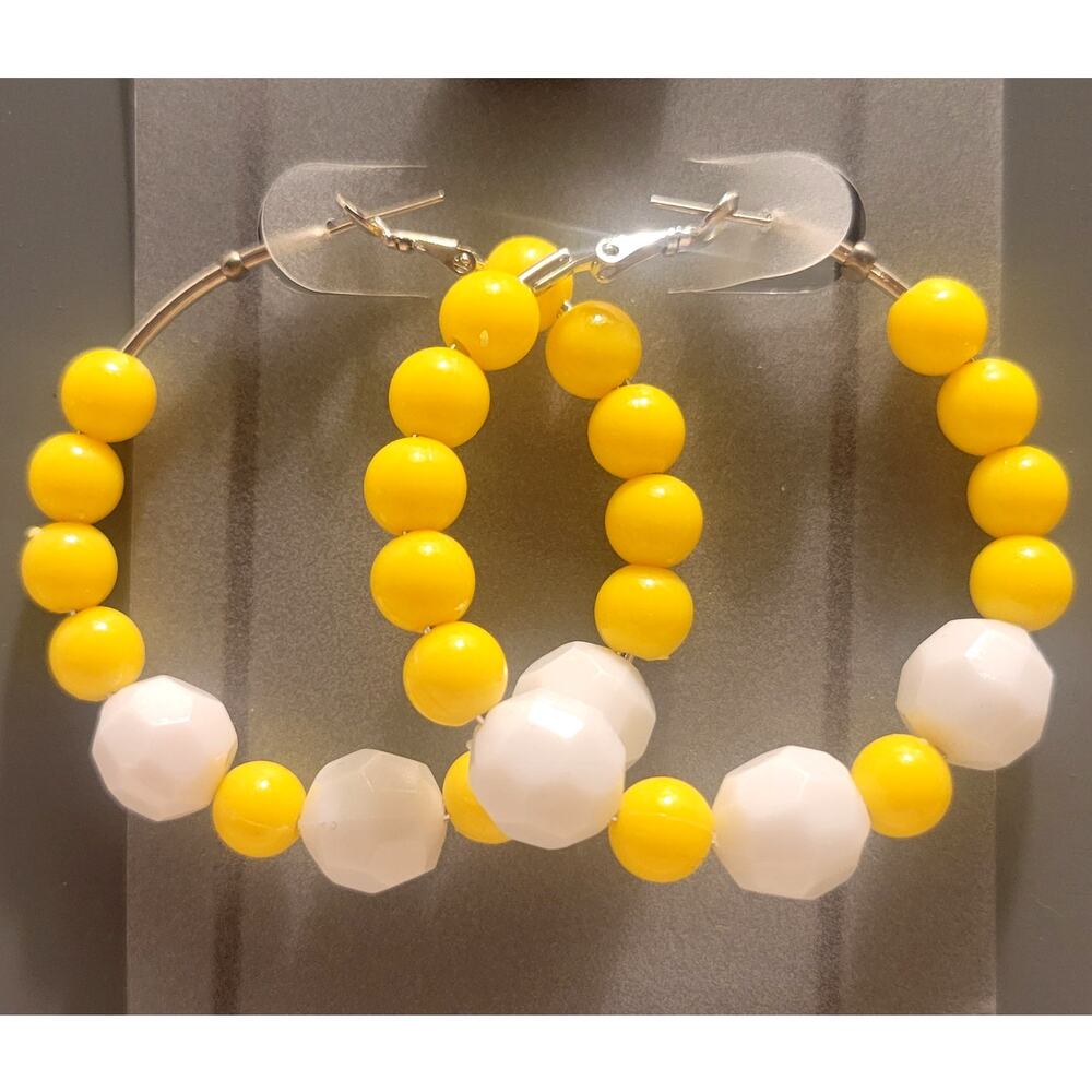Yellow White Hoop Earrings 2" Retro Bold Funky Y2K Festival Pierced 80's Acrylic